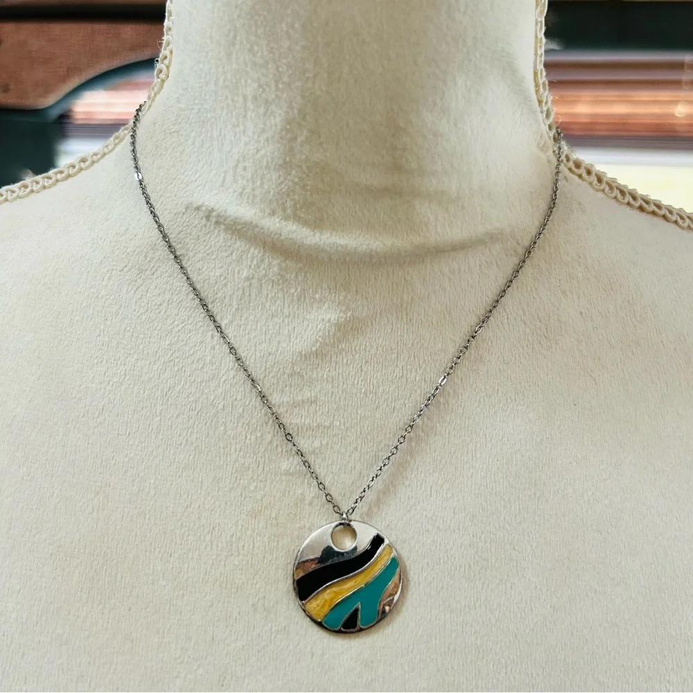 Handcrafted repurpose enamel swirl vintage pendant on chain necklace